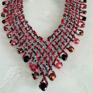 Czech Glass Bead TURQUOISE, RED  "V" NECKLACE 20"